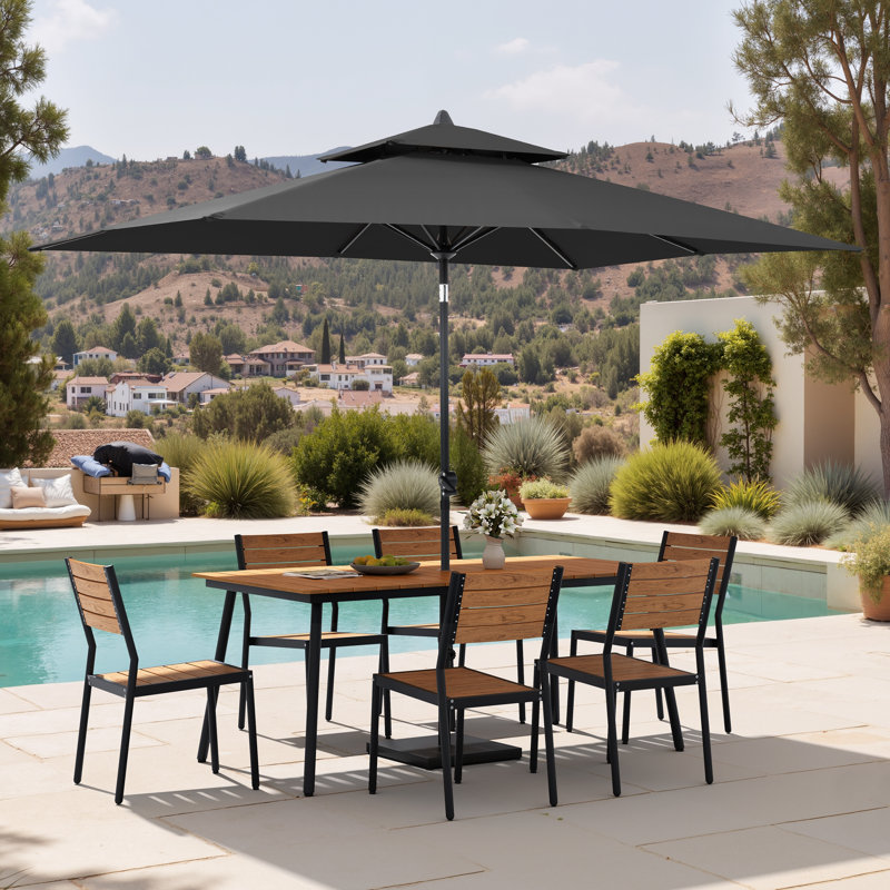 Ensemble repas pour 6 personnes en aluminium avec chaises empilables, parasol de patio et base lestée, Noir, Brun