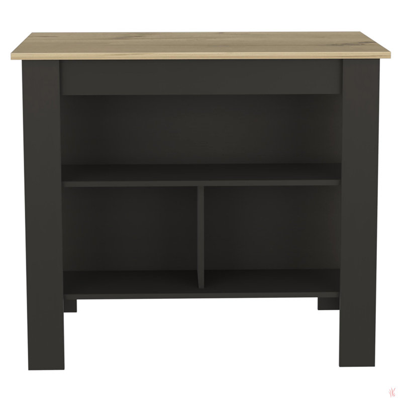 Cala Kitchen Island, Four Legs, Three Shelves, Black, Natural Wood/Gray