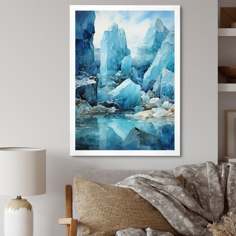 «Teal Glacier Crystalline Wonderland I», impressions d'art paysage et nature, H 32 po x l 16 po x P 1 po, Cadre photo blanc