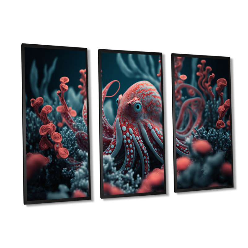 «Red Octopus On The Ocean Floor I», reproduction sur toile 3 pièces, H 32 po x l 48 po x P 1 po, Toile à cadre flottant noir