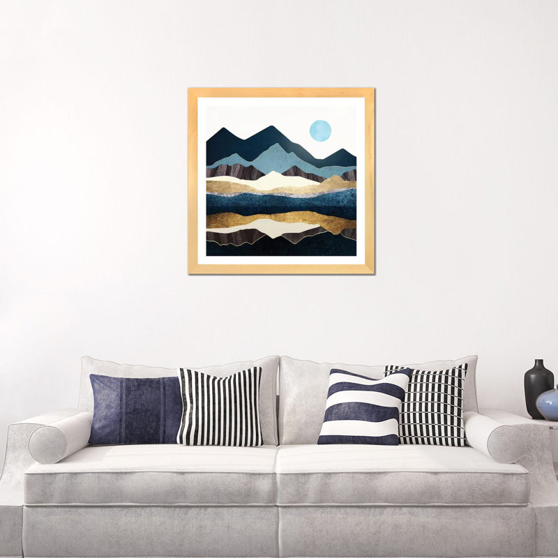 Reflect Hills - impression d'art graphique, Toile avec cadre en bois beige, Blanc, H 24 po x l 24 po x p 1 po