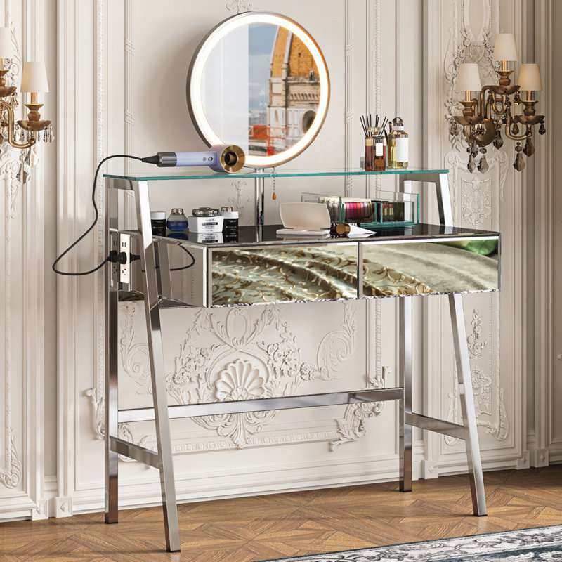 Bureau de coiffeuse en miroir avec lumières DEL et station de charge, avec 2 grands tiroirs et une tablette ouverte pour le rangement organisé