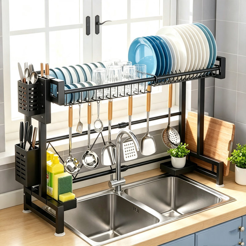 Égouttoir à vaisselle noir rétractable, support de rangement de cuisine multifonctionnel extensible pour assiettes, bols et ustensiles