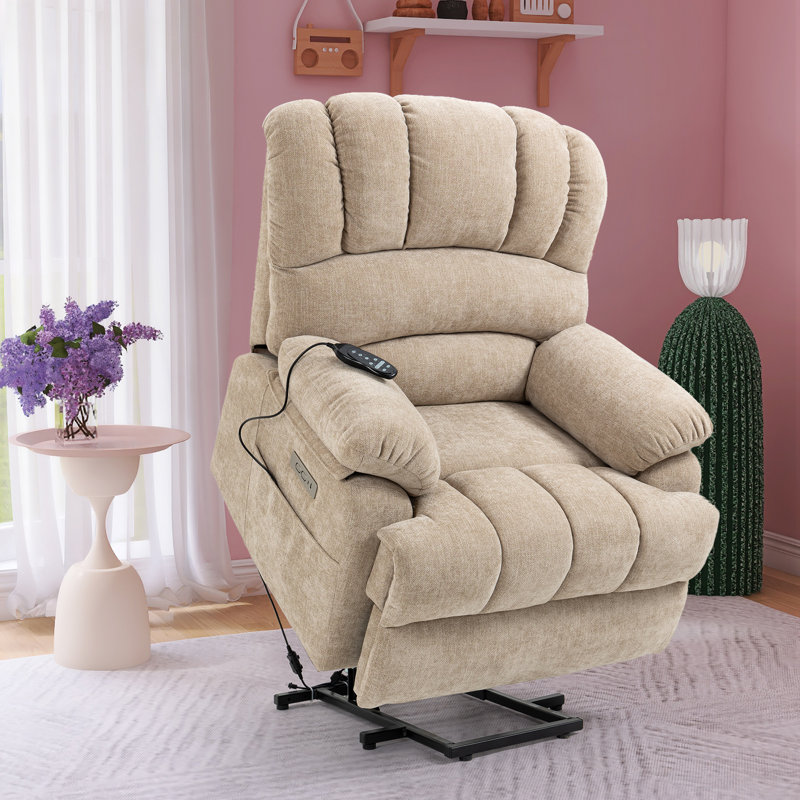 Brisen 40" W Oversize Chenille Power Lift Up Heated Massage Recliner, Remote, USB Type-C Port, Beige Chenille