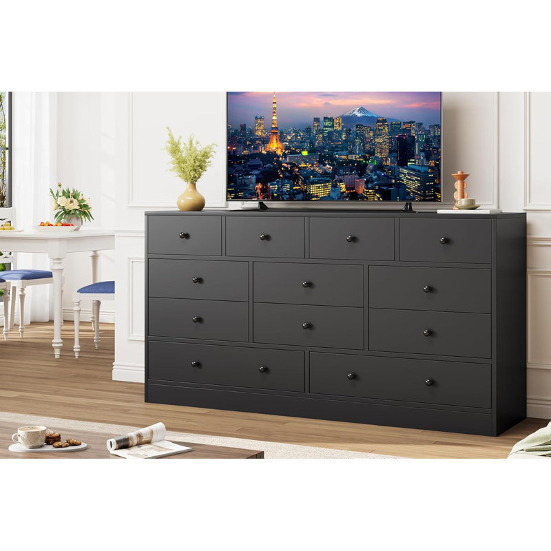 12 Drawer Dresser For Bedroom, 61 Inch Wood Dresser With Power Outlet, Black