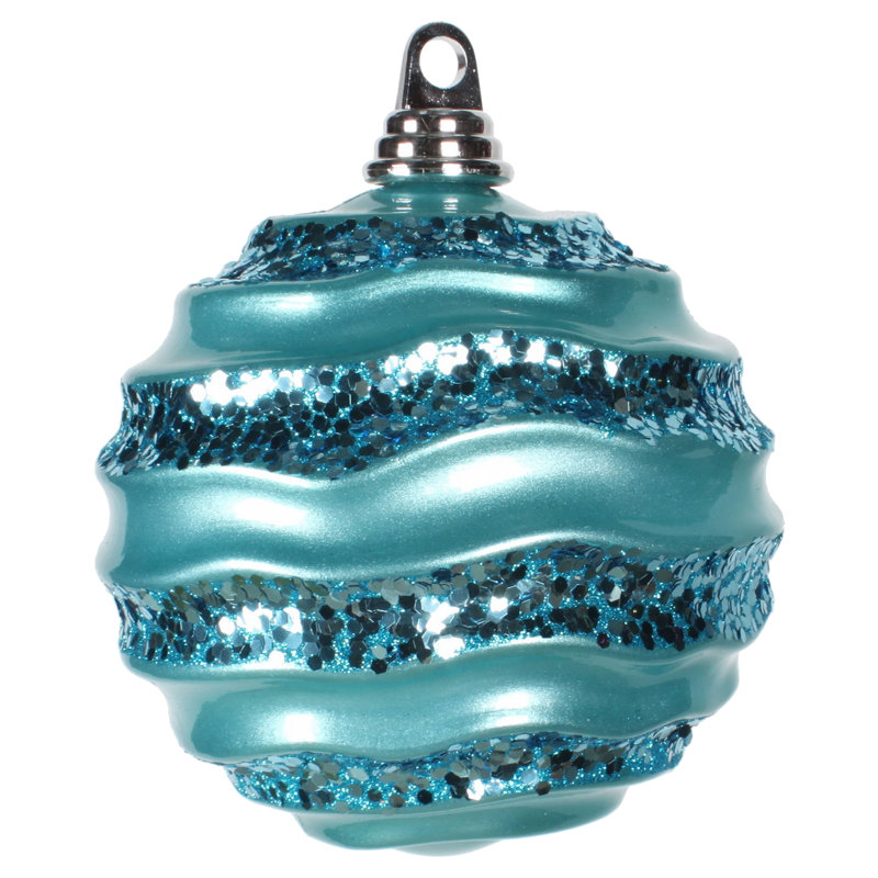 Ornement de Noël boule rayée et scintillante, H 6 po x l 6 po x P 6 po, Turquoise