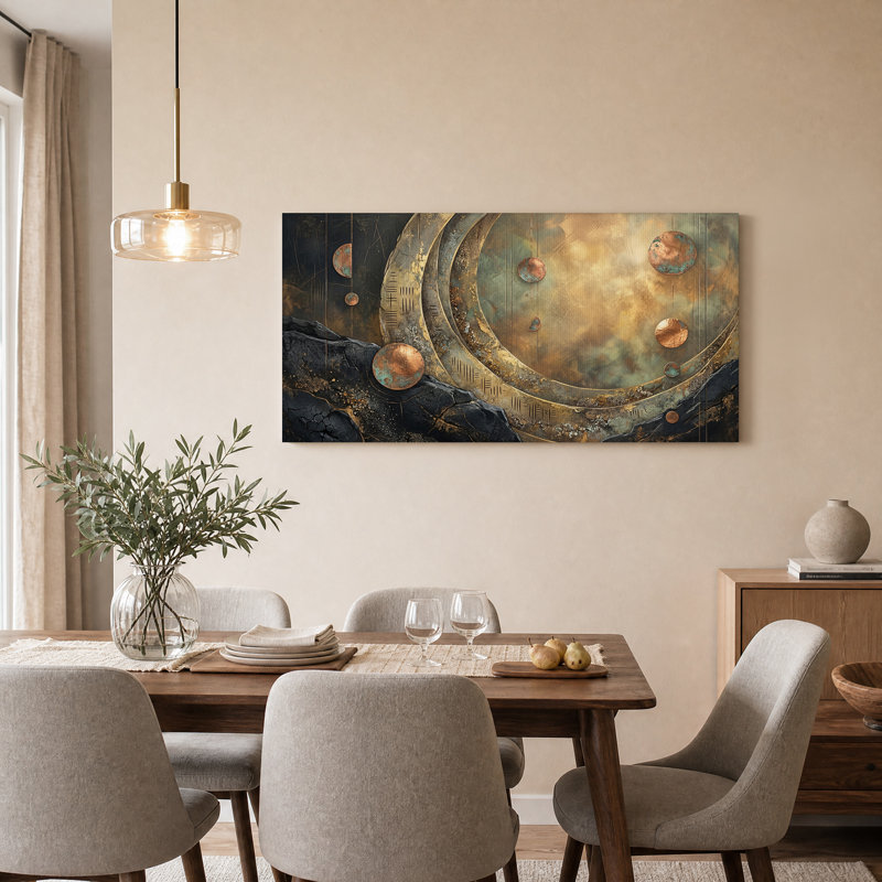 Disques célestes en bronze sur toile de pierre ancienne, 58“W x 28”H