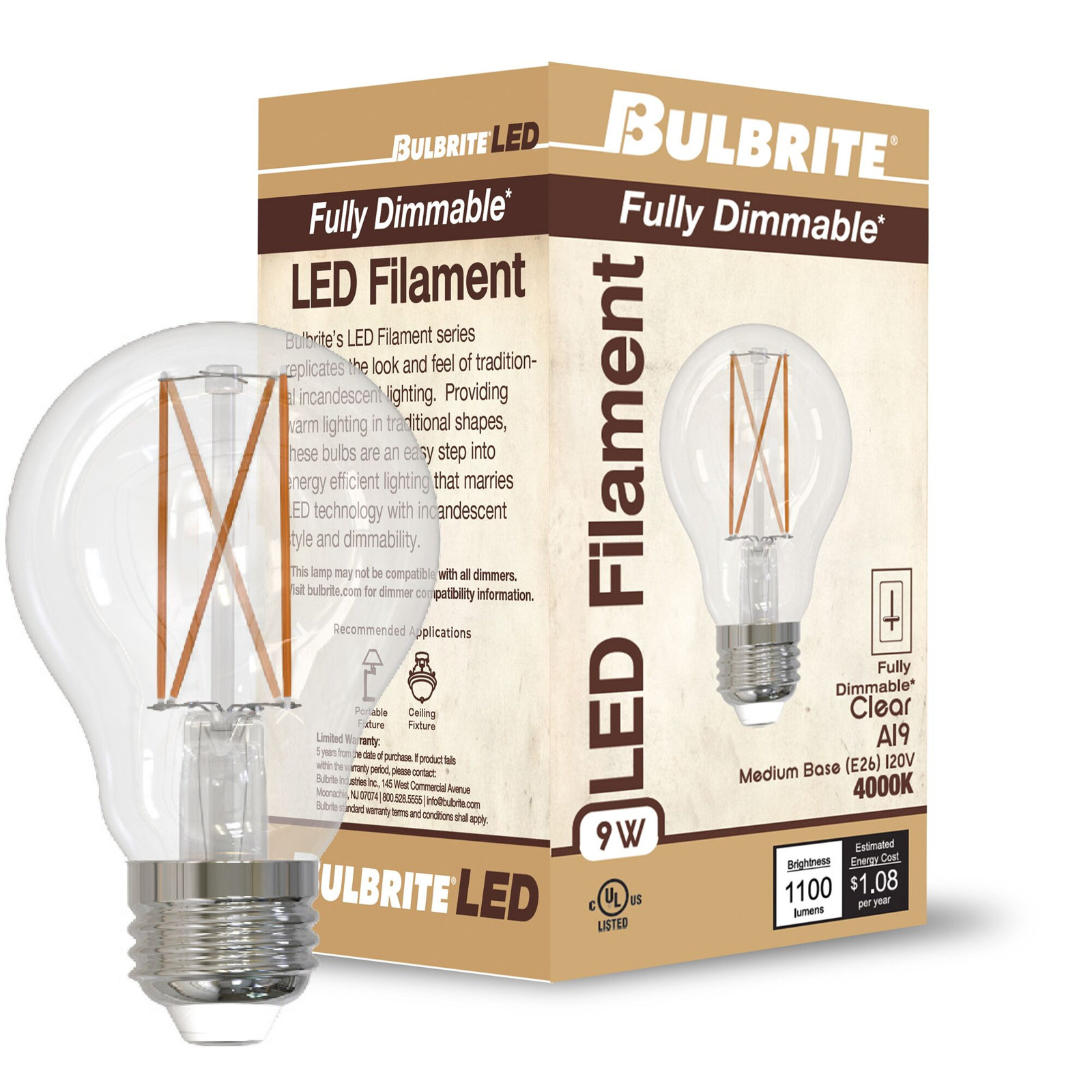 A19 LED Dimmable Edison Light Bulb, 4000 Kelvins, 1100, 9 W