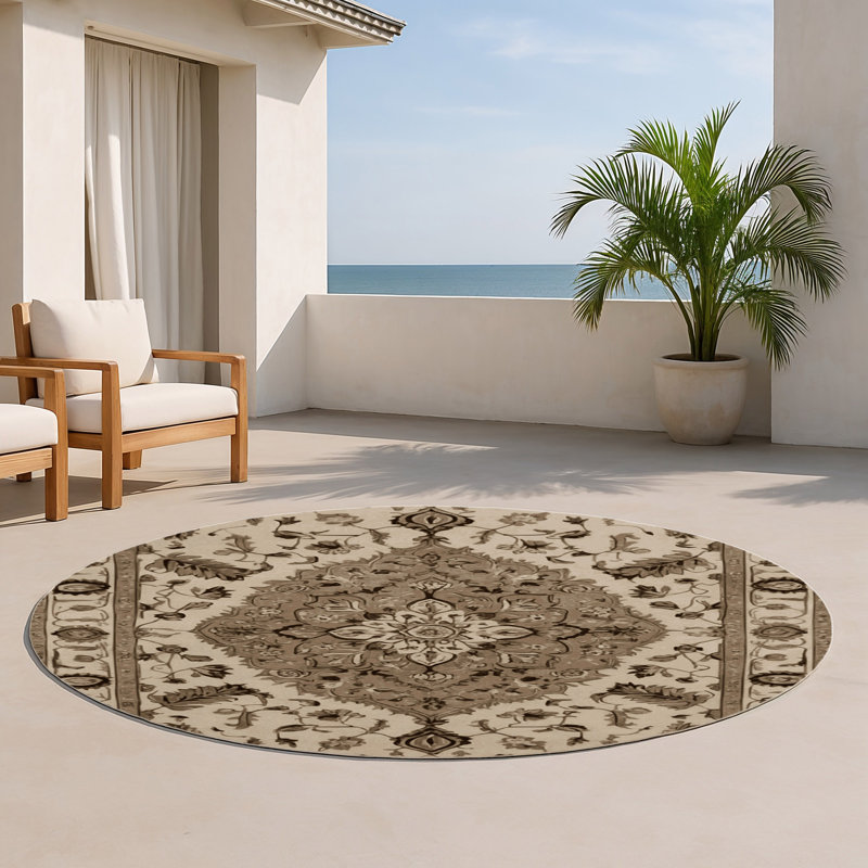 Tabriz Brown Indoor and Outdoor Area Rug, Round 5'