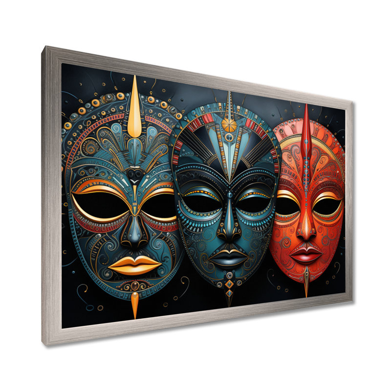 Red African Masks III - Masque africain, art mural, H 30 po x l 40 po, Cadre photo unique, Argent argent