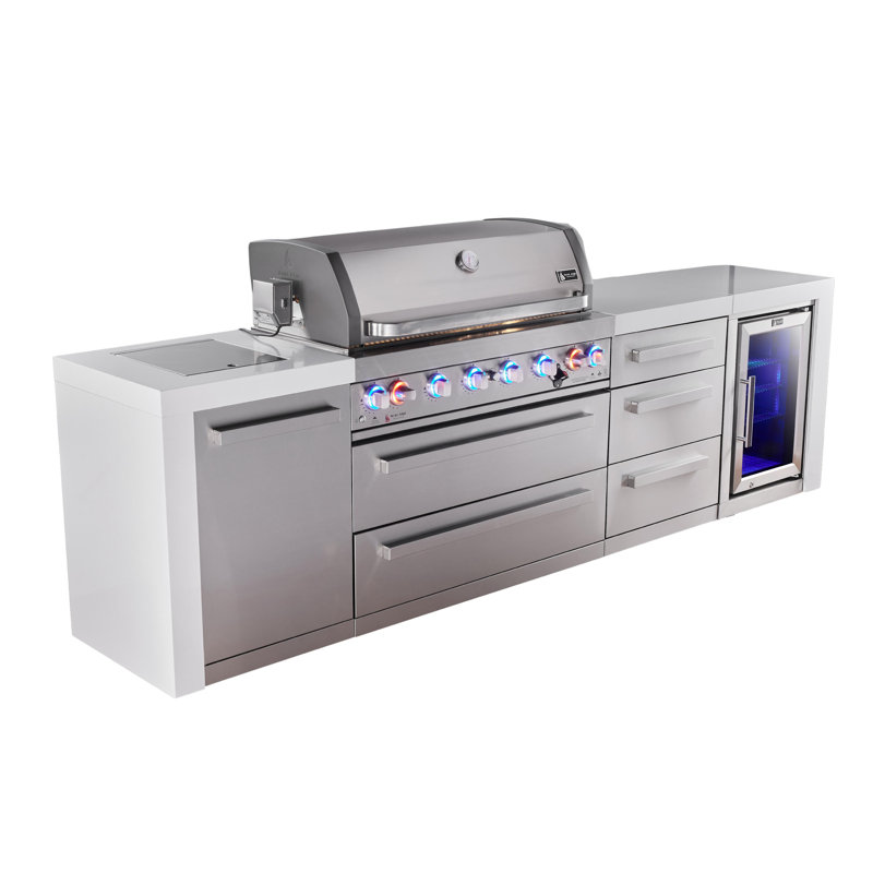 Mont Alpi Mai805-Dfcdr 6-Burner Premium Deluxe Stainless Steel Modular Outdoor Kitchen Island Bbq Gas Grill With Wine Cooler Refrigerator & Side Burner + Granite Countertops + Grill Cover + Rotisserie