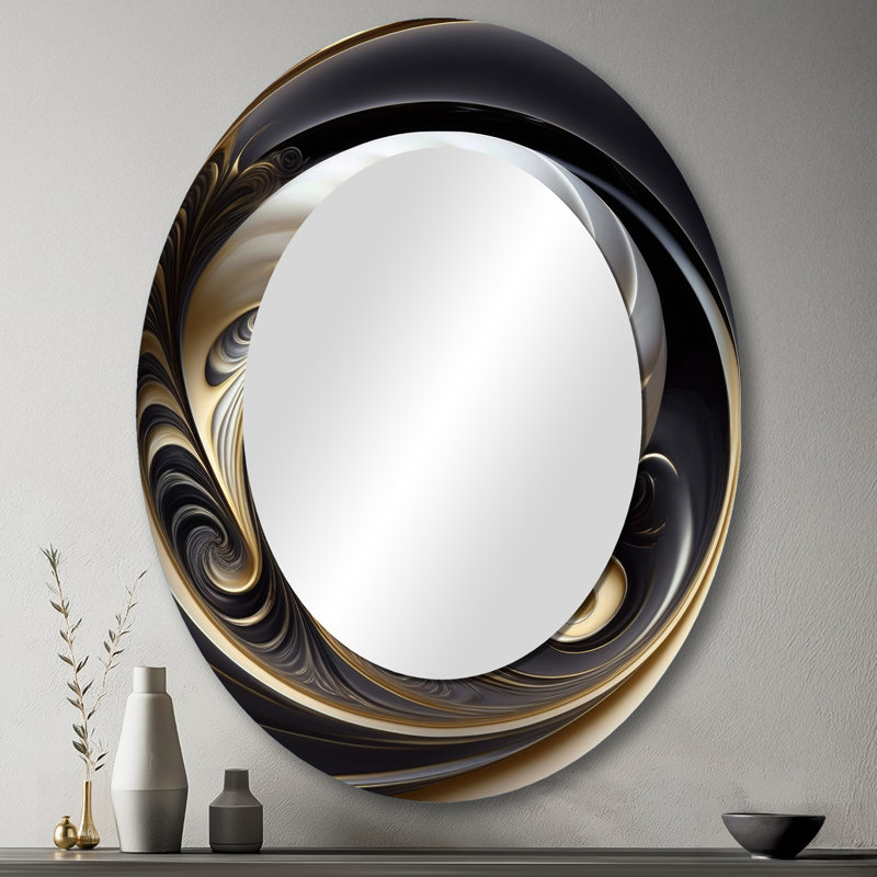 Gold Black And White Stained Glass V - Modern Oval Wall Mirror, 43" x 33"