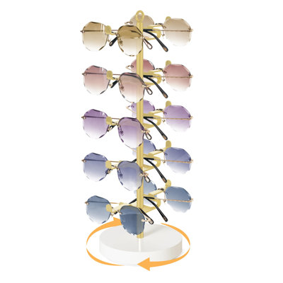 Organisateur de lunettes de soleil rotatif à 360°, support en métal doré, pouvant contenir jusqu'à 10 paires de lunettes.