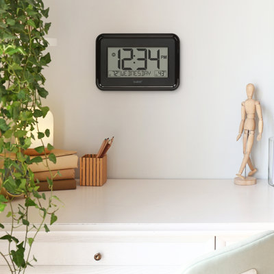 Black Digital Wall Clock with Indoor & Outdoor Temperature