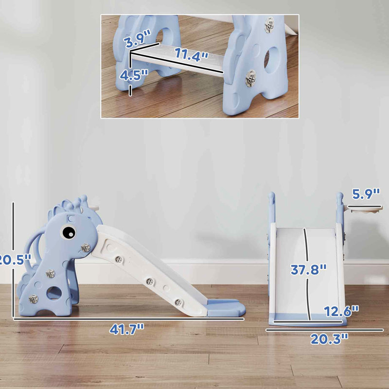 Glissade en forme de girafe, 3 marches pour une ascension sécuritaire, cerceau, polypropylène, espacement antidérapant, rampes latérales, 1 an, bleu/blanc, facile à nettoyer, installation facile, glissade en forme de girafe, aire de jeux autoportante.