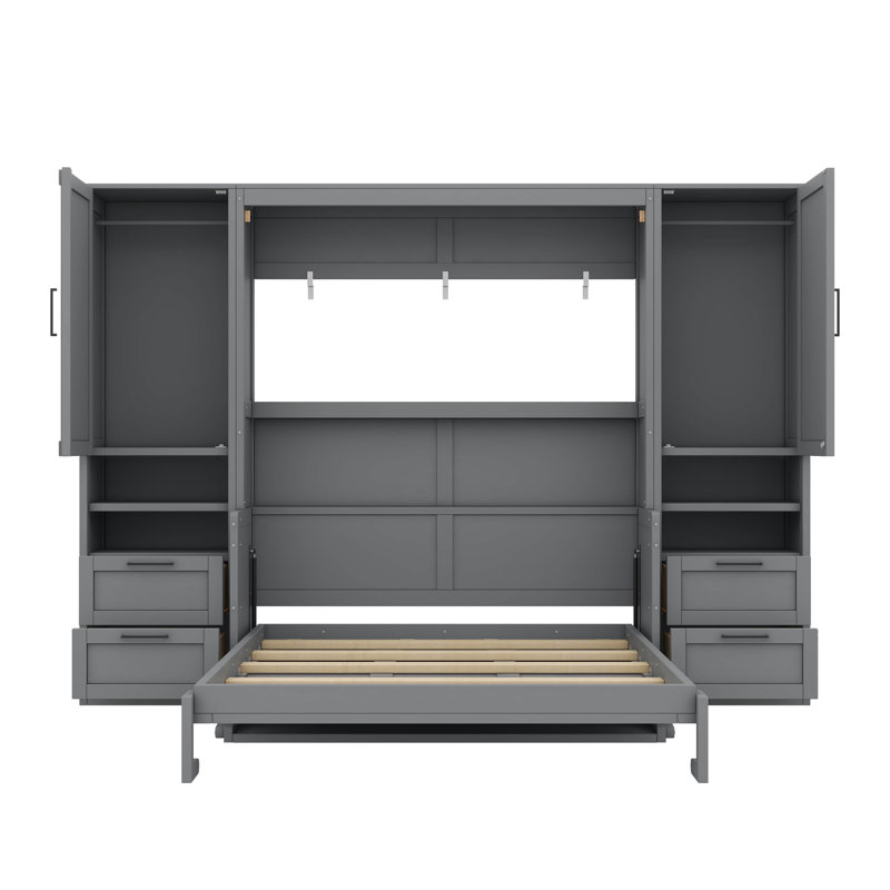 Lit escamotable Murphy avec grande armoire, tiroirs et étagères, Grand lit, Gris