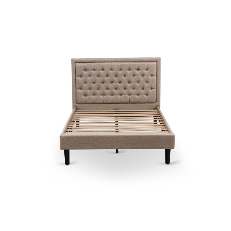Ensemble de lit double 2 pièces - 1 base de lit moderne capitonnée en tissu de lin kaki foncé et tête de lit capitonnée à boutons avec table de chevet 1 chambre - Table de chevet finition noyer antique