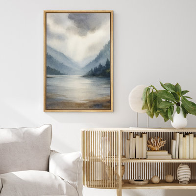 «Misty Mountain Lake Landscape in Soft Neutral Tones», reproduction d'art sur toile encadrée