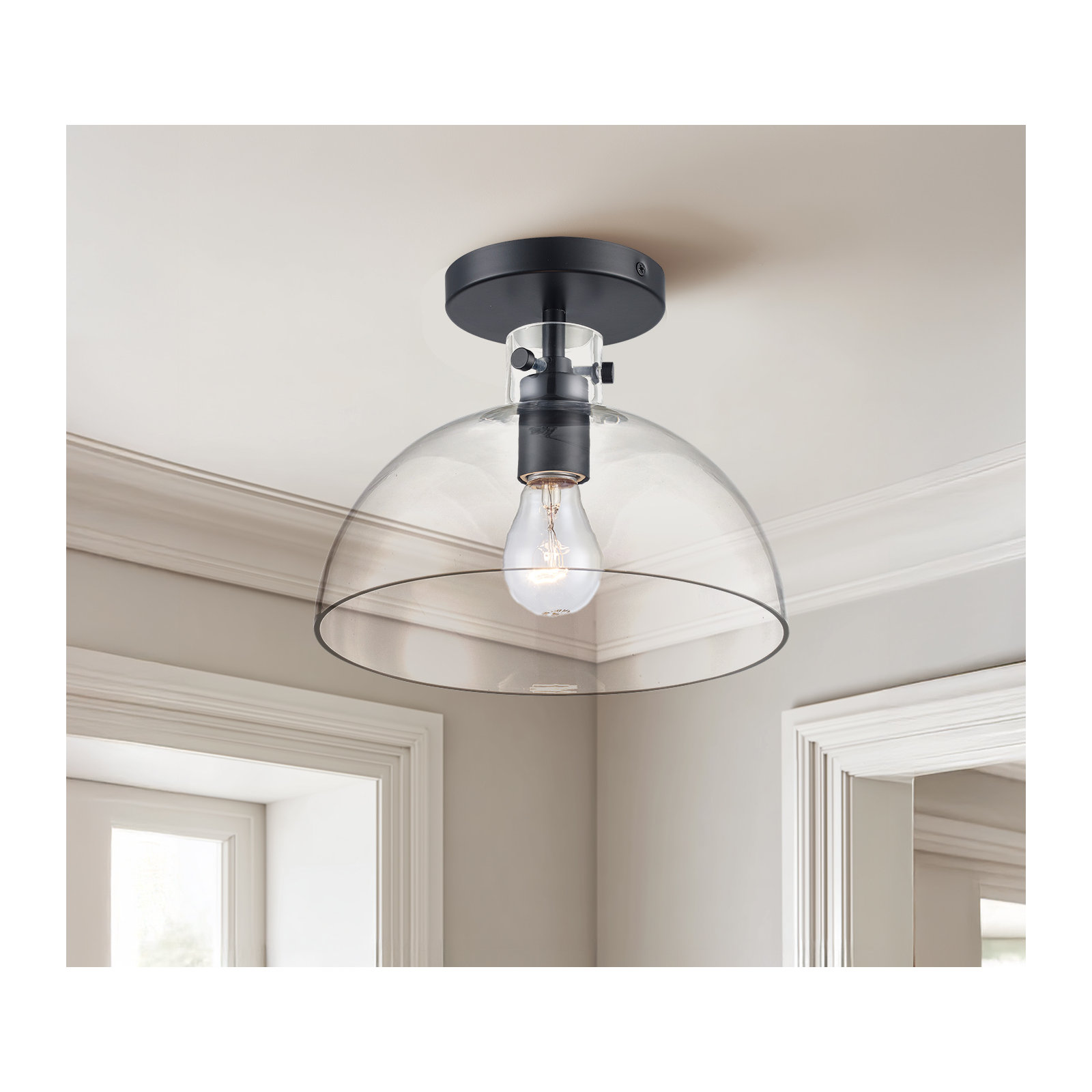 Martins Single Light Glass Semi Flush Mount, Black