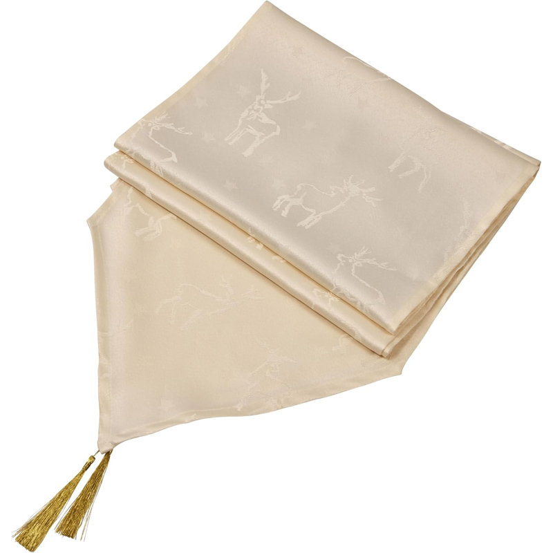 Christmas Tasselled Table Runner Deer Embossed Design, 156cm W x 1152cm L, Cream