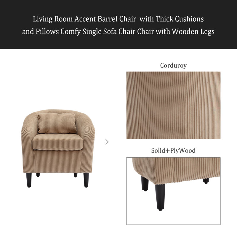 Fauteuil demi-tonneau Living Room, Velours côtelé chameau