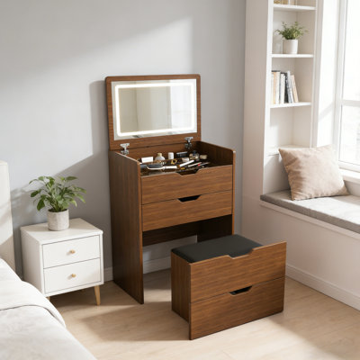 Flip Top Vanity Desk With 3 Temperature Led Lighting, Shatterproof Mirror, Hidden Skincare Storage, Comfortable Stool, Walnut Compact Dressing Table Jewelry Quick Assembly, Finish