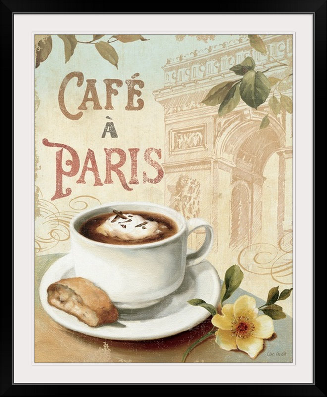 Publicité rétro « café en Europe I » par Lisa audit, H 23 po x l 20 po x P 1 po, Cadre noir