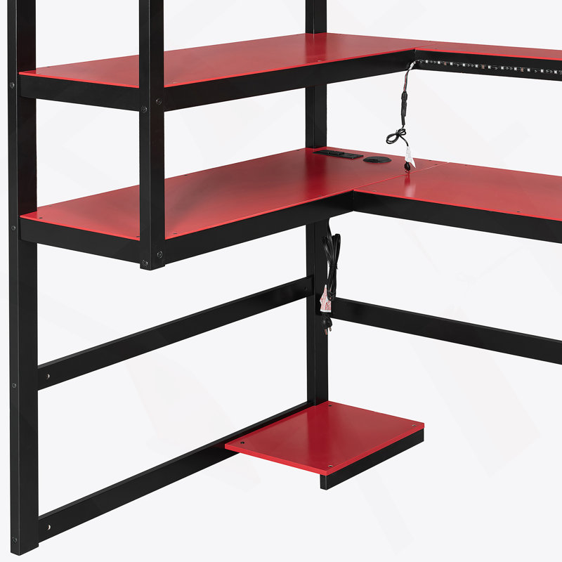 Full Size Wood Loft Bed With Desk,Side Storage Rack,Multi-Storage Shelves And RGB Light,Red, Twin, Red