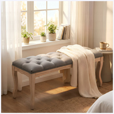 Banc de chambre à coucher, banc d'entrée touffeté de style français rétro, banc de bout de lit tapissier 43,3 po avec pieds en bois vieilli, siège repose-pieds en lin pour le salon, le vestibule, la salle à manger