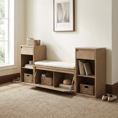 Banc de rangement tout-en-un avec coussin - Très grand organisateur de couloir avec tiroirs, compartiments rabattables et tablettes ouvertes