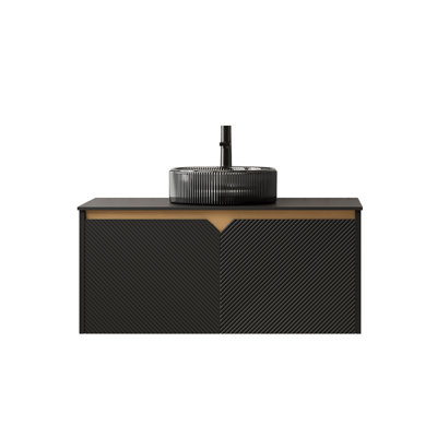 Meuble-lavabo 36 po, meuble de rangement mural en contreplaqué flottant, portes doubles en sergé avec garniture en métal, lavabo rond en verre noir transparent et plateau en pierre frittée noire
