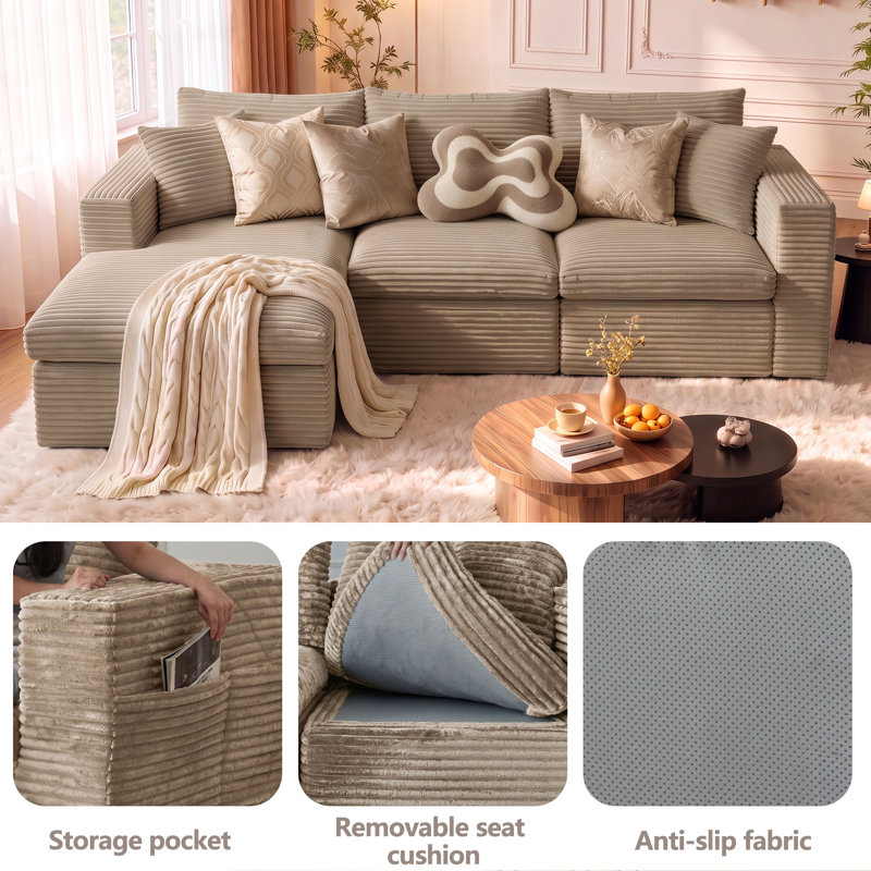 Canapé modulaire en forme de L 96 po sans os, canapé rembourré en velours côtelé moderne avec assise profonde, canapé rembourré pour chambre à coucher de salon