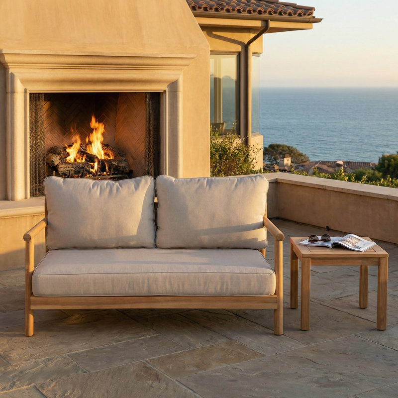 Patio Acacia Wood Loveseat，Outdoor Sofa With Water-Resistant Beige Cushion