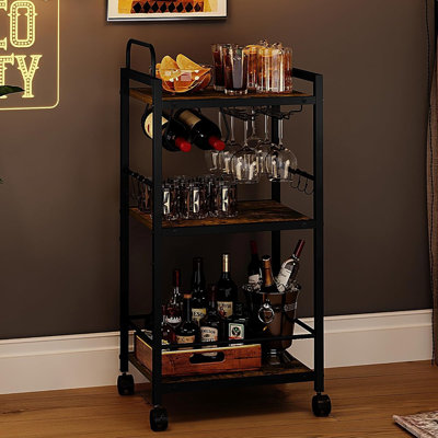 3-Tier Kitchen Cart With Wheels, Small Rolling Bar Cart With Glass Holders And Wine Rack For Kitchen, Dining Room, Or Living Room