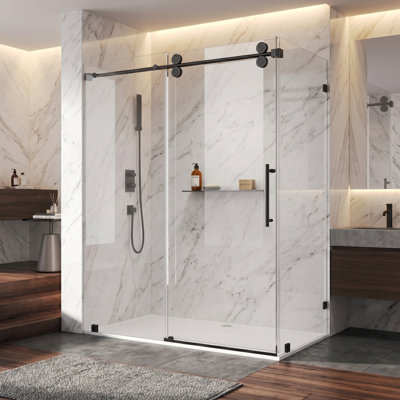 Cabine de douche coulissante sans cadre l 60 po x P 32 po x H 76 po avec verre transparent mat noir de 3/8 po