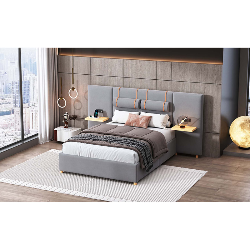 Upholstered Platform Bed,Two Outlets And USB Charging Ports On Both Sides, Two Bedside Pillows, Storage Shelves,Velvet, Beige
