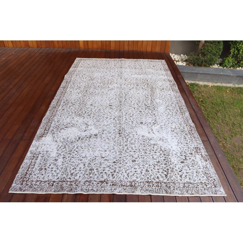 Grand tapis turc rétro au design anatolien délavé pour la décoration de sol - Tapis beige noué à la main Oushak