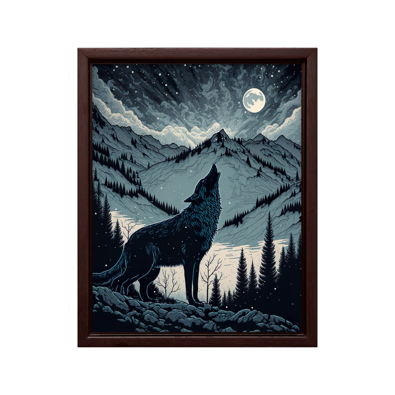 Loup hurlant à la lune, Canvas, 12"H x 16"W, Brown Framed