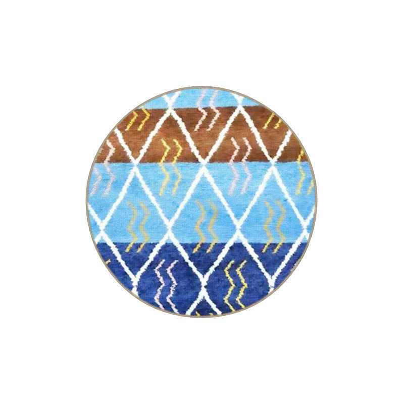 Tapis décoratif moderne à motif géométrique bleu et brun lavable à la machine, Sous-tapis rond 3 pi 3 po inclus