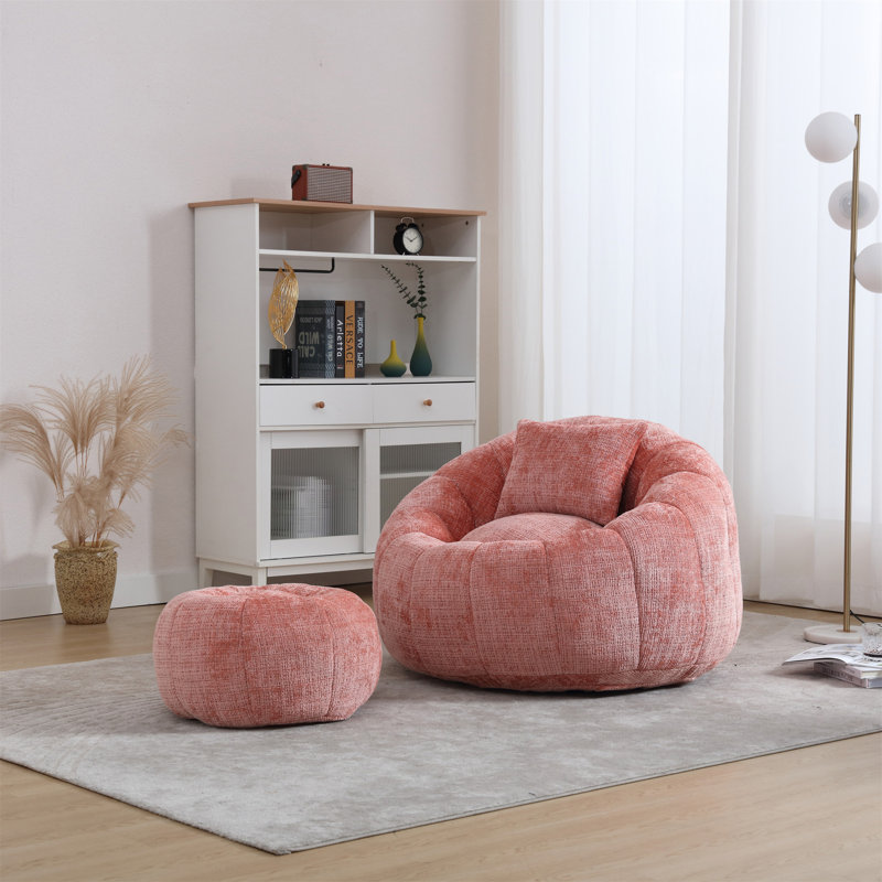 Fauteuil à billes moderne avec repose-pieds, coussin, Chenille rose