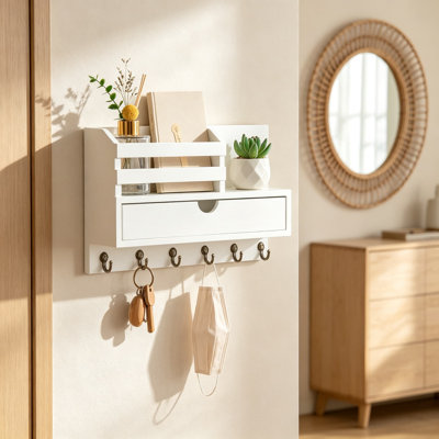 Porte-clés mural et porte-courrier avec tiroir de rangement et crochets, organisateur de hall d'entrée en bois avec tablette pour clés, courrier et petits articles essentiels, décor de maison de campagne pour couloir et maison