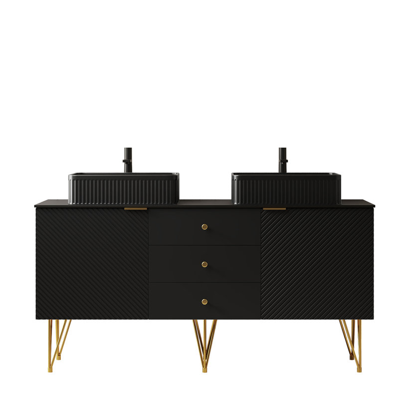 Meuble-lavabo de 60 po avec 2 lavabos vasques noirs, plateau en pierre frittée, 3 tiroirs, portes, unité de rangement autoportante en contreplaqué, 4 pieds dorés, surface en céramique teintée et fonctionnelle, armoire, exquis