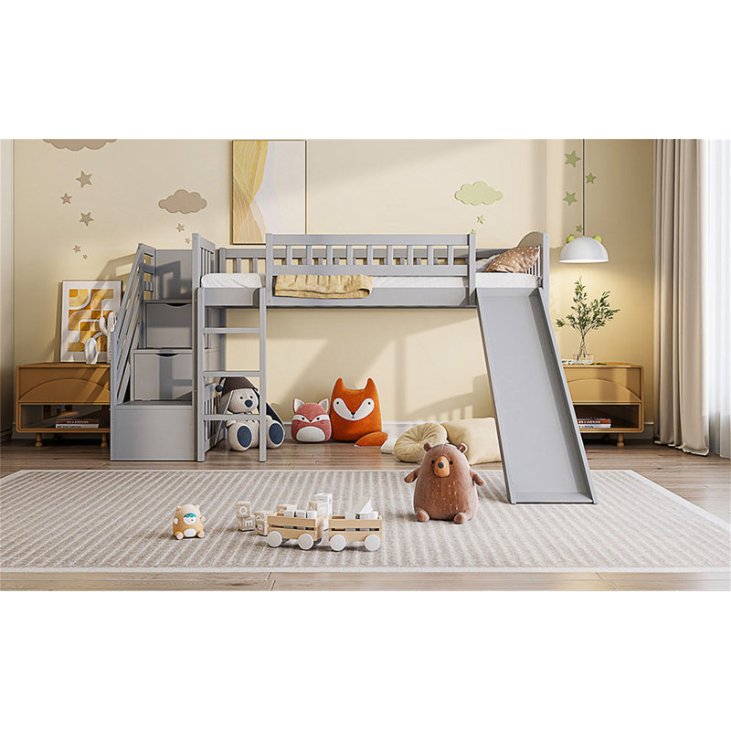 Lit mezzanine simple avec glissière Stairway, Gris