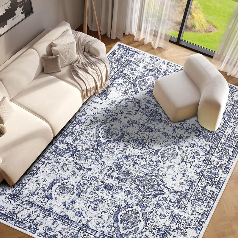 Washable Runner Rug Vintage Hallway Retro Accent Floral Print Distressed Non-Slip Low Pile Kitchen Laundry Bathroom Bedroom Blue