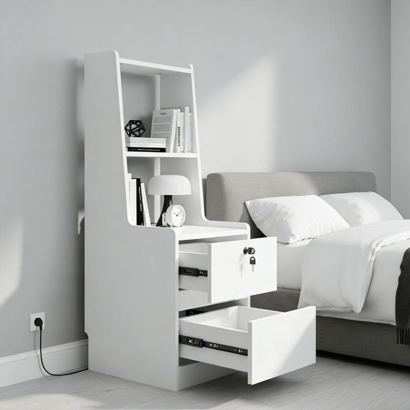 Table de chevet de style moderne avec station de charge et veilleuse, avec armoire de rangement pour chambre à coucher, Bois