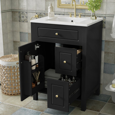 24-Inch Bathroom Vanity With Ceramic Sink, 1 Soft Close Door, 2 Soft Close Drawers, And Double Storage Racks On The Door