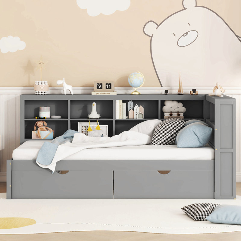 Wooden Daybed With 2 Drawers, Daybed With Storage Shelf And Usb Charging Ports, Gray, Twin