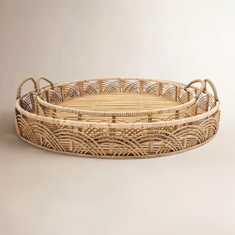 Round Decorative Bamboo Accent Tray for Coffee Table Decor - Cute Home Decor Tray for Ottoman, Kitchen, Entryway, or Trinket - Set of 2", 30", 24"