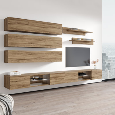 Leverette 126" Modern Floating Wall Mounted Entertainment Center with 16-Color LED Lighting, High Gloss Finish