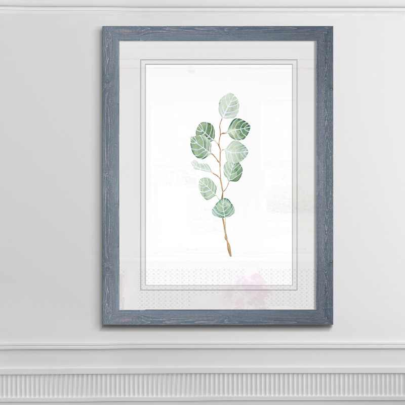 Douce branche d'eucalyptus III - Peinture encadrée sur papier, H 38 po x l 28 po x P 1,25 po, Encadré gris